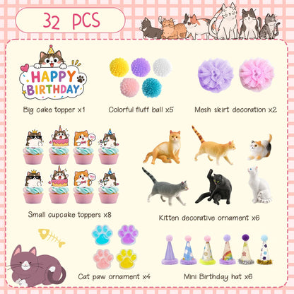 32 Pcs Cat Cake Decorations Set - Cat Party Cupcake Toppers&Cat Cupcake Toppers&Kitten Model Ornament&Cat Paw Cake Decorations etc Cat Birthday Party Decorations