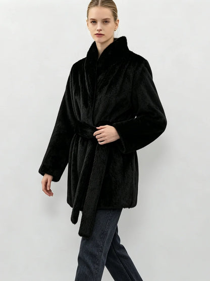 LIMO Women  Faux Mink Fur Coat Wrap Belted Waist Stand Collar Long Sleeve Loose Warm Winter Elegant Ladies  Plush Outerwear