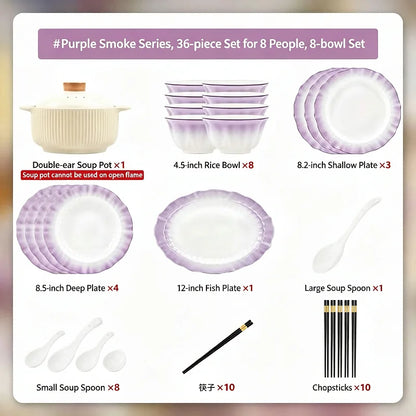 Kitchen Dishware Gift Box Set Gradient Purple Dishware Set Household French Ceramic Rice Bowls and Plates Set Household Smoky Purple Dyed Dishware