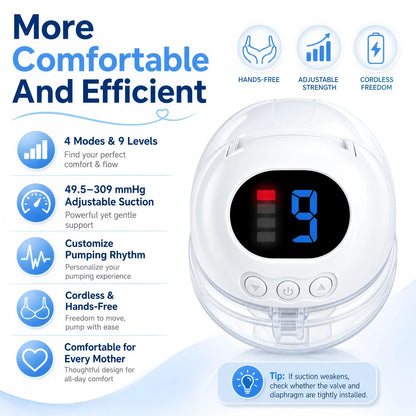 Wearable Electric Breast Pumps 4 Modes 9 Levels Portable Hands Free Breast Pump Silent Comfort for Portable Work Home Travel