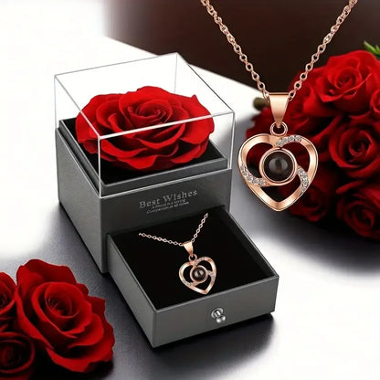 Eternal Red Rose Gift Box with Golden Heart Necklace - Anniversary, Valentine's Day,Mother'S Day , Christmas,Birthday Present