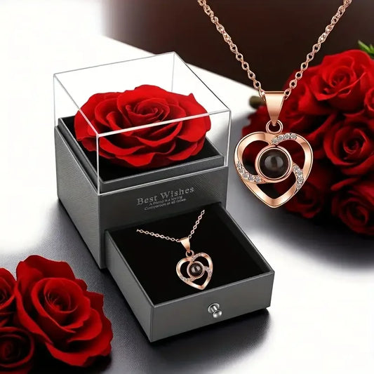 Eternal Red Rose Gift Box with Golden Heart Necklace - Anniversary, Valentine's Day,Mother'S Day , Christmas,Birthday Present