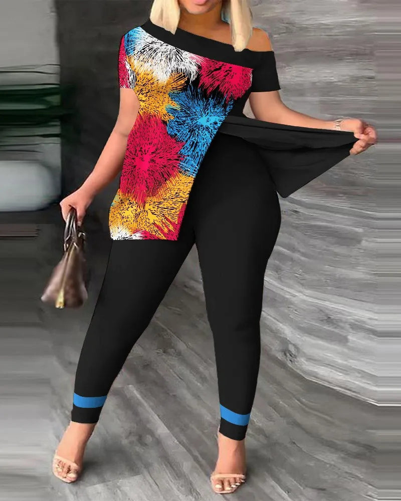 Womens Two Peice Sets Summer Fashion Print Short Sleeve Suit Set Femme Casual Sporty 2Pce One-Shoulder Split Hem Tops &Pants Set