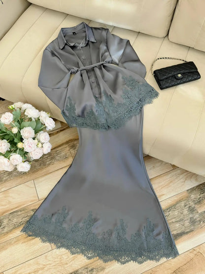 Women Two Piece Sets Skirt Set Turn Down Collar Lace Sexy Full Sleeve Tops Long Skirts High Waist Y2k Streetwear Elegant Work