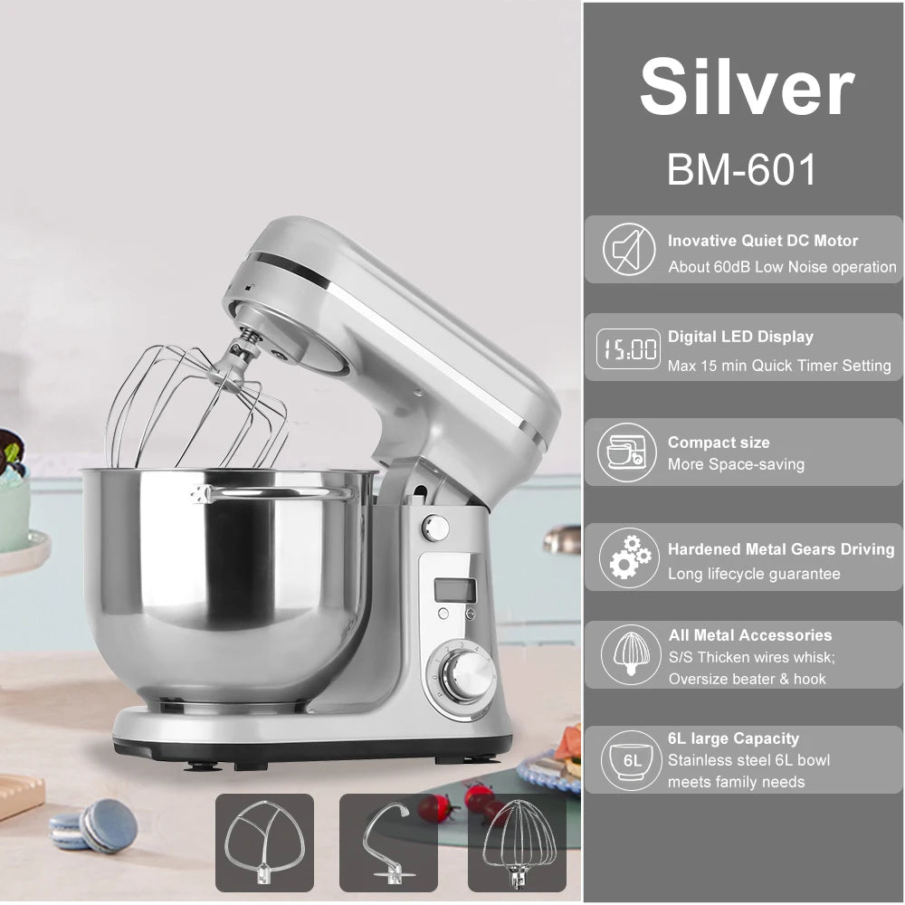 BioloMix 1200W 6L Kitchen Stand Mixer With Quiet DC Motor, 6-Speed, for Blending, Whisking, and Kneading