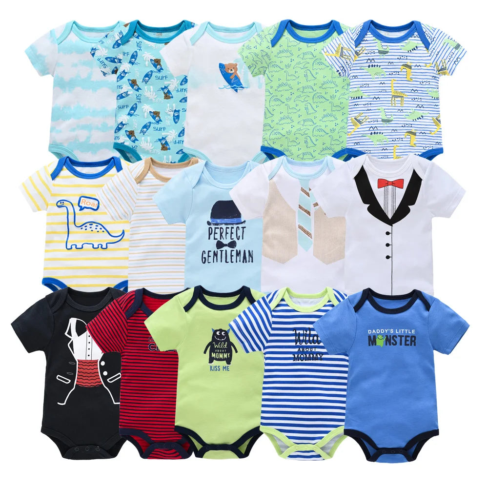 New Baby Boy Clothes Summer 100%Cotton Blue Grey Tie Print Three Piece Short Sleeve Bodysuit Pants Vetements Bebe For 0-12M