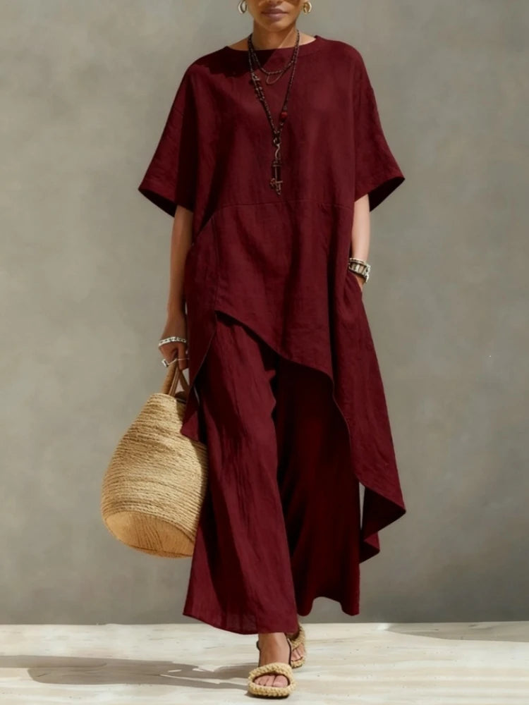 Women Cotton Linen Pant Sets 2 Pieces Casual Half Sleeve Solid Loose Irregular Blouse Elastic Waist Wide Leg Full Trousers Suits