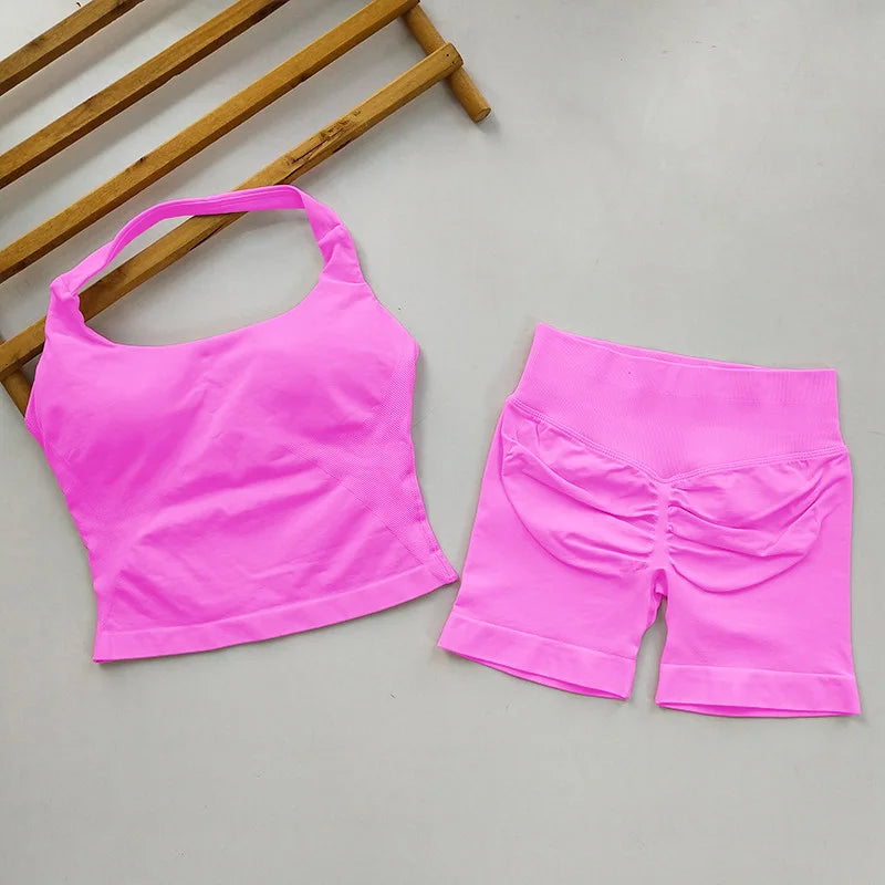 VEQKING Seamless 2pcs Women Yoga Sets Open Back Longline Sports Halter Bras Running Tank Tops Scrunch Butt Gym Workourt Shorts