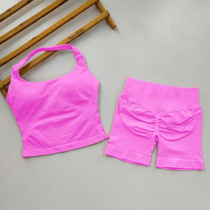 VEQKING Seamless 2pcs Women Yoga Sets Open Back Longline Sports Halter Bras Running Tank Tops Scrunch Butt Gym Workourt Shorts