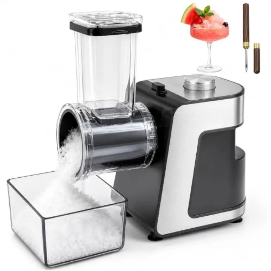 Electric snow cone machine for home, parties and events: stainless steel ice crusher with ice pick and tray, silver finish, pow