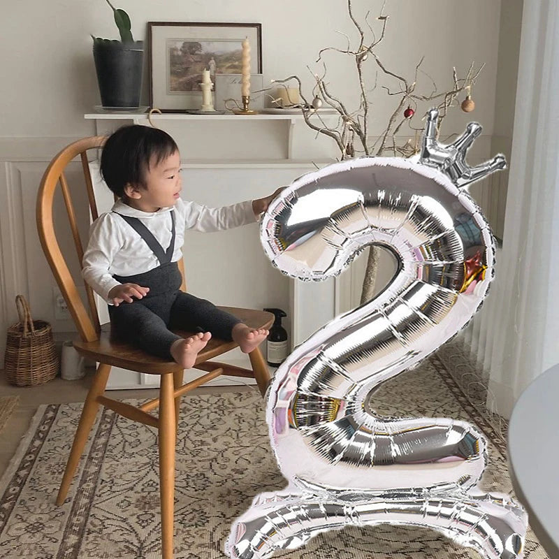 32 Inch Gold Number Stand Foil Balloons with Crown Digital Figures Globos 0-9 Birthday Party Wedding Decoration Kids Baby Shower