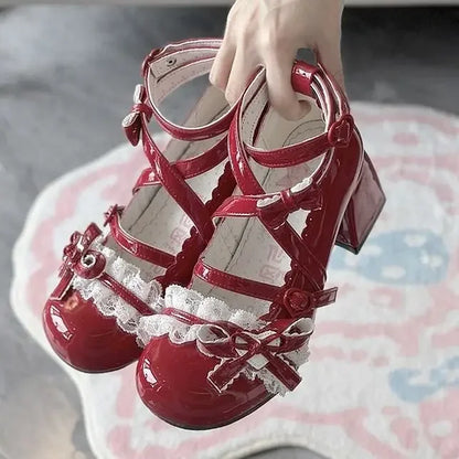Lolita Mary Jane Shoes  New Women's Cute Bow High Heels Princess Heeled Single Shoes Spring Autumn Leather Pumps