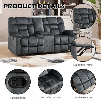 Fabric Recliner Manual Loveseat Couch for Living Room, 2 Seater Reclining Sofa Chair with Storage and Cup Holders,, Custom