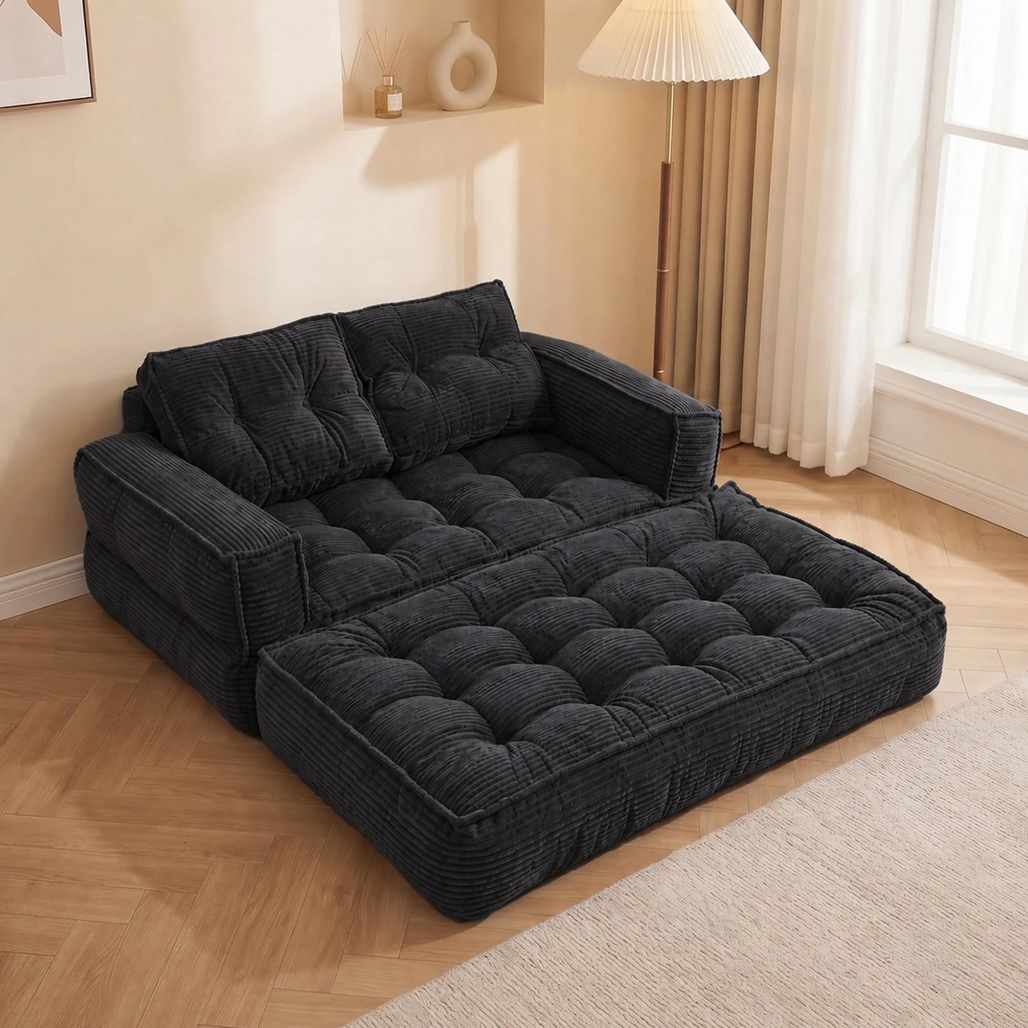 51" 2-Seater Modular Corduroy Sofa with Chaise, 2-in-1 Boneless Convertible Floor Couch, Lazy Double Sofa with Armrest for Living Room, Black