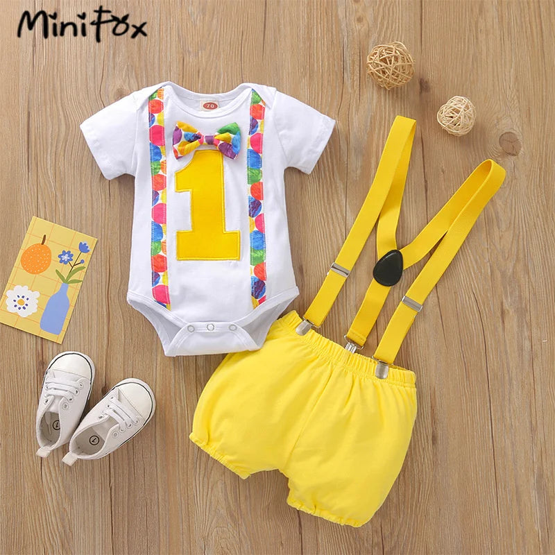 MiniFox Baby Boys Birthday Outfit For One Years Number"1“ Bodysuit and Y-back Suspender Shorts 1 Year Birthday Cake Smash Sets
