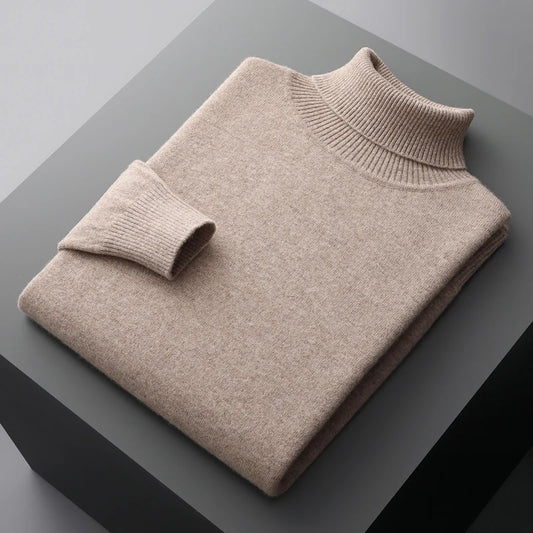 Autumn and winter new 100% pure merino wool pullover men's turtleneck cashmere sweater thickened warm  loose solid color top