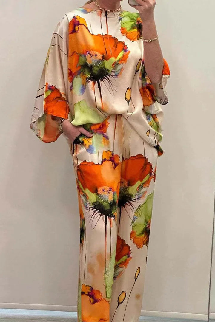 Casual Sets for Women 2 pieces Summer Fashion Printed Satin Two Piece Sets Women Sexy Round Neck Top+Wide Leg Long Pants Outfits