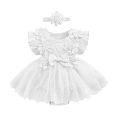 Baby Girls' Floral Romper & Headband Set | Ruffle Details & Mesh Skirt | Birthdays, Portraits & Celebrations