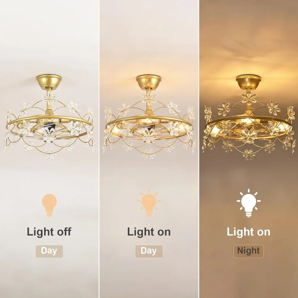 20" Gold Chandelier Ceiling Fan with Lights and Remote Control - Modern Flower Fandelier for Bedroom Living Room Kitchen