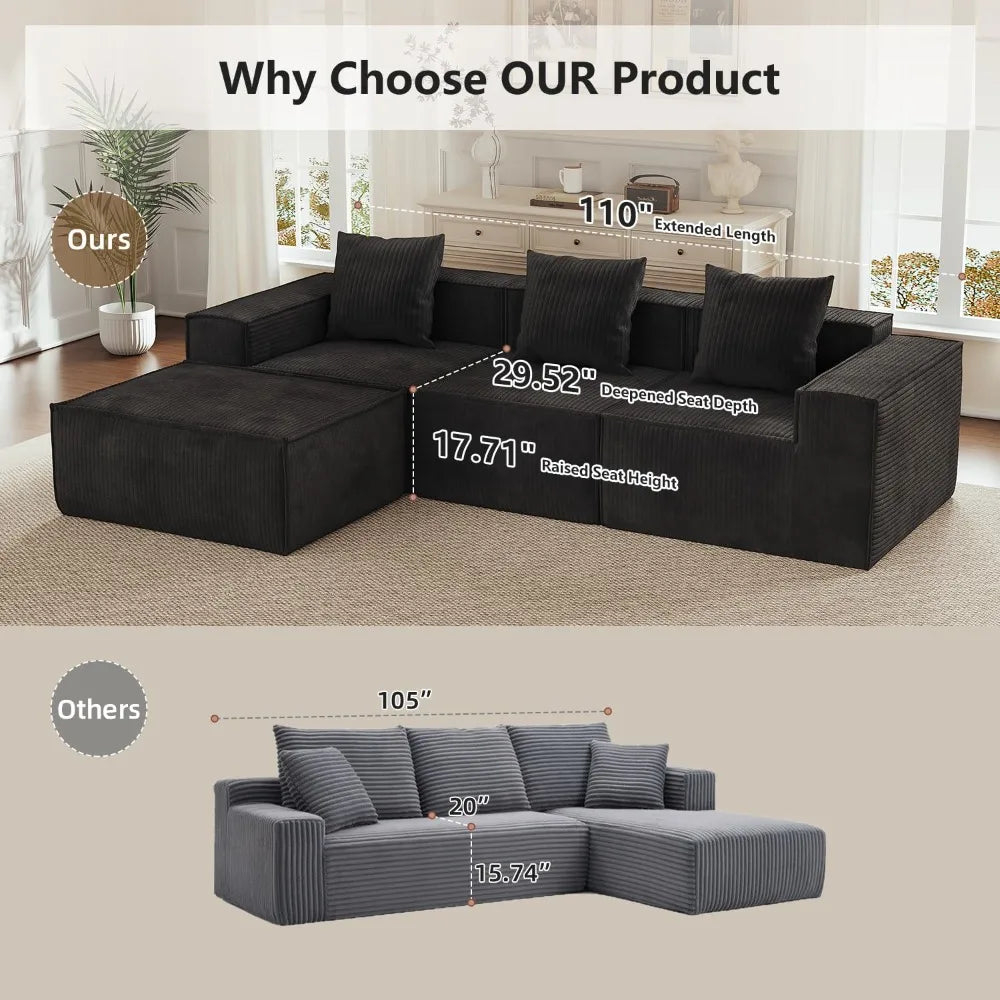 110” Sectional Couches for Living Room, 3 Seat Grey Corduroy Convertible Boneless Couches Sofa Bed with Pillows,, Customized
