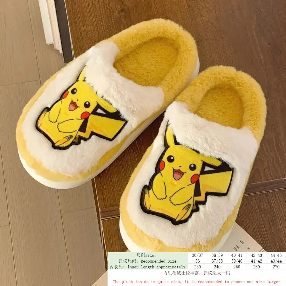 Popular anime Pokemon Pikachu Eevee Couple Cotton Slippers Winter Cute Cartoon Men Women Shoes with Velvet Insulation Anti slip