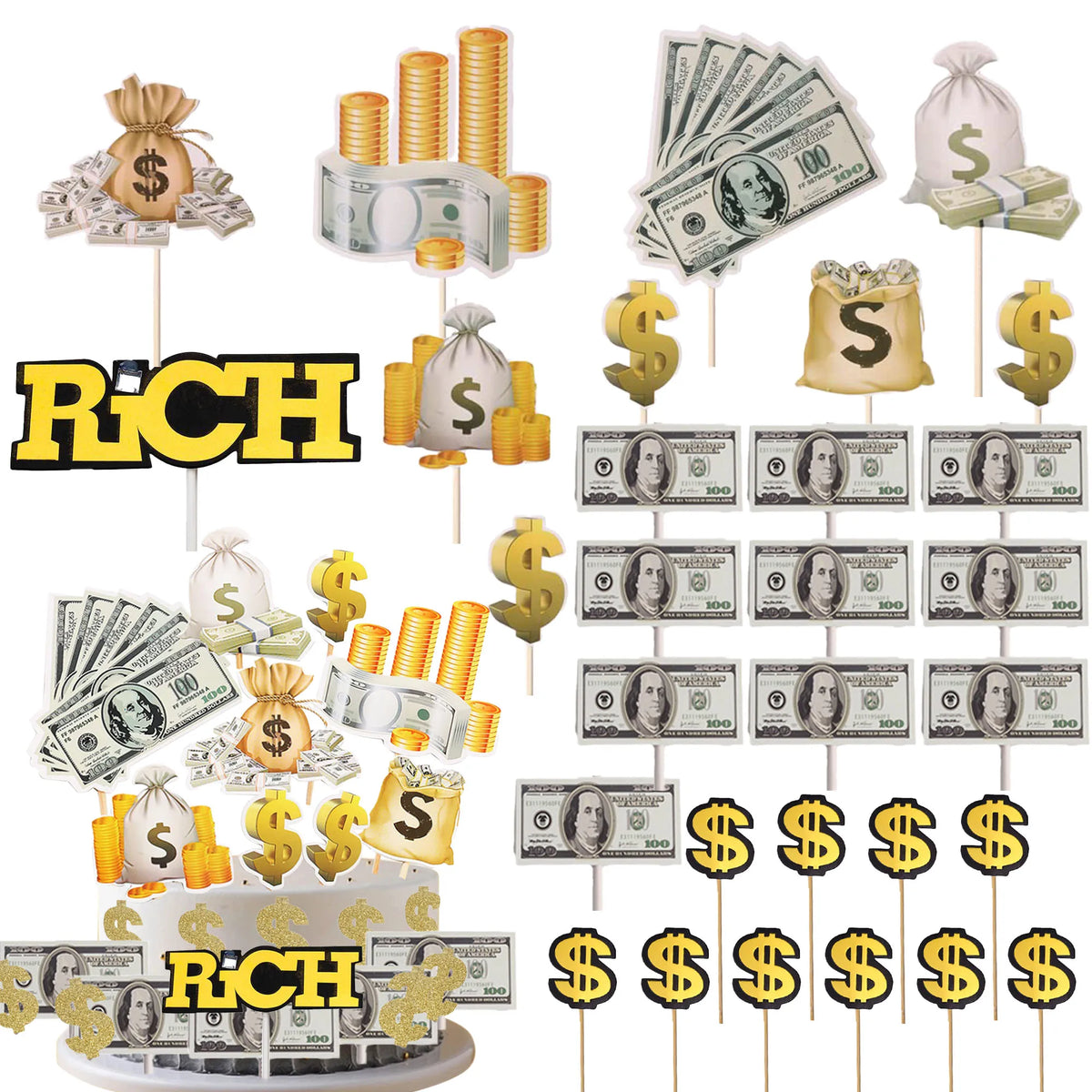 Dollar Happy Birthday Cake Decoration Money Cake Topper For 60s 70s 80s 90s Thanksgiving USA Dollar Theme Party Decors Supplies