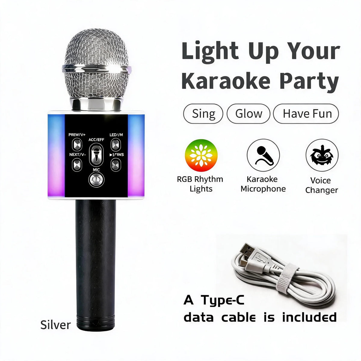 6-In-1 Wireless Karaoke Mic - Big Bass Wireless Speaker, LED Lights, Voice Changer, Pairable - Portable Singing Mic for Family, Birthday, Parties, Car Trips, Halloween, Thanksgiving And Christmas Gifts