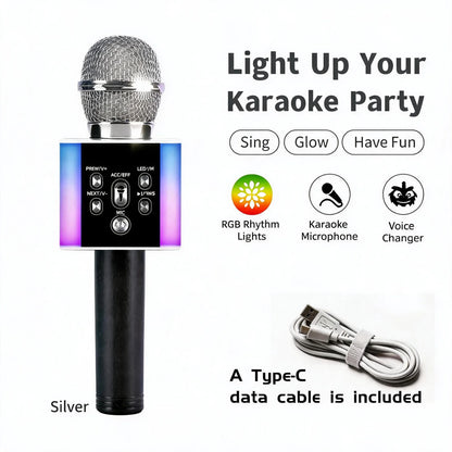 6-In-1 Wireless Karaoke Mic - Big Bass Wireless Speaker, LED Lights, Voice Changer, Pairable - Portable Singing Mic for Family, Birthday, Parties, Car Trips, Halloween, Thanksgiving And Christmas Gifts