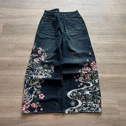 American New Fashion Cherry Blossom Letter Pattern Embroidered Baggy Jeans Women Y2K Gothic Popular Straight Wide-leg Trousers