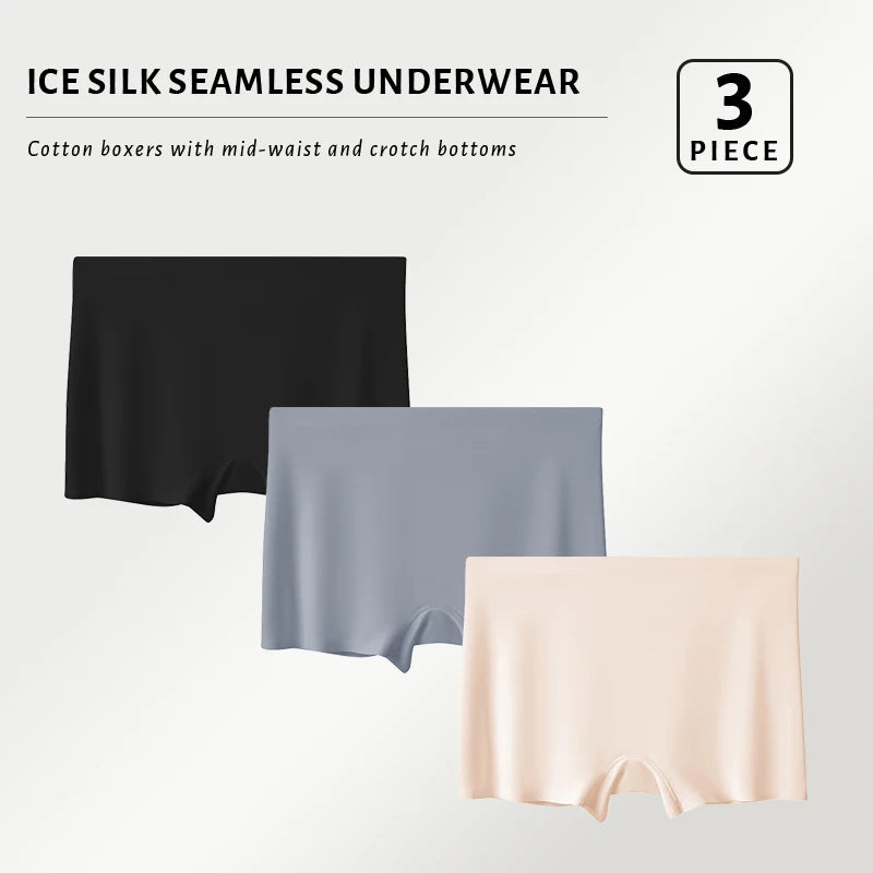 FallSweet 3PCS Seamless Ice Silk Boxers for Women Safety Panties Underwear Plus Size Underpants Soft Invisible Boyshorts M/L/XL
