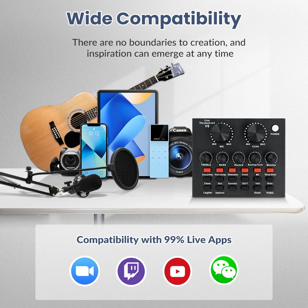 Podcast Microphone Equipment Bundle BM-800 Condenser Microphone (with Voice Changer and V8 Sound Card) Professional Recording Studio Kit for Laptops, Streaming, Podcasting, Singing, Voice-overs, Vocals, Home Studios