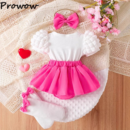 Baby Girl Bodysuit Dresses Short Sleeve Heart Shape Bow Romper Infants Onesies With Socks Headband 3pcs Sets For Newborn Girls