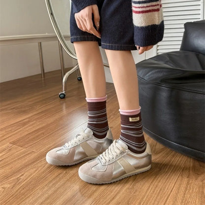 Fake Two-Piece Design Crew Socks Soft Knit Texture Mid-Calf Length Mid-Calf Socks Striped Pattern Striped Socks For Women