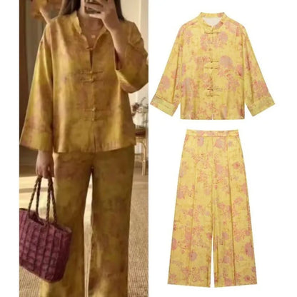 Women's Printed Pants Set Summer New O-neck Long Sleeve Rope Knot Decorative Tops High-waist Wide leg Pants Casual 2 Piece Sets