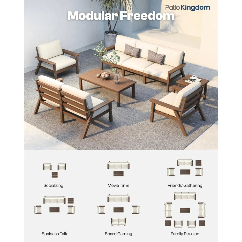 Patio Furniture Set 3 Seats, HDPE Outdoor Sectional with Washable Beige Thick Cushions, Coffee Table & Side Table,, Customized