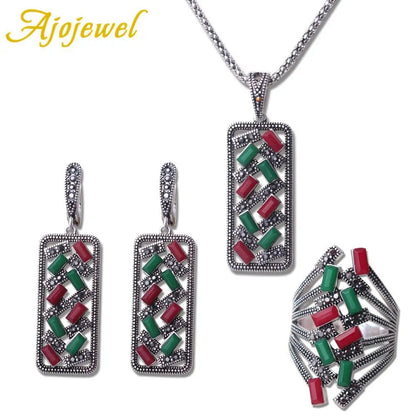 Ajojewel Black/Red Green Bohemian Jewelry Set For Women Colorful Zircon Crystal Geometric Ring Earrings Necklace & Pendant
