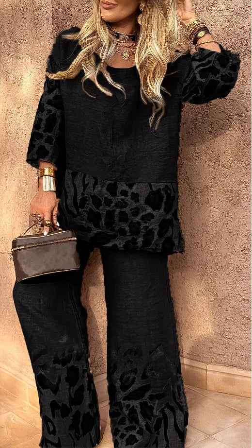 2025 New Summer Leopard Print Two Piece Set Women Fashion Casual Loose Short Sleeves Blouses Splicing Tops Wide Leg Pants Suits