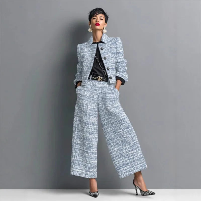 Women's Elegant Short Jackets With Wide Leg Pants Two Pieces Sets Winter New Stand Neck Button Coats Casual Autumn 2026 Outfits