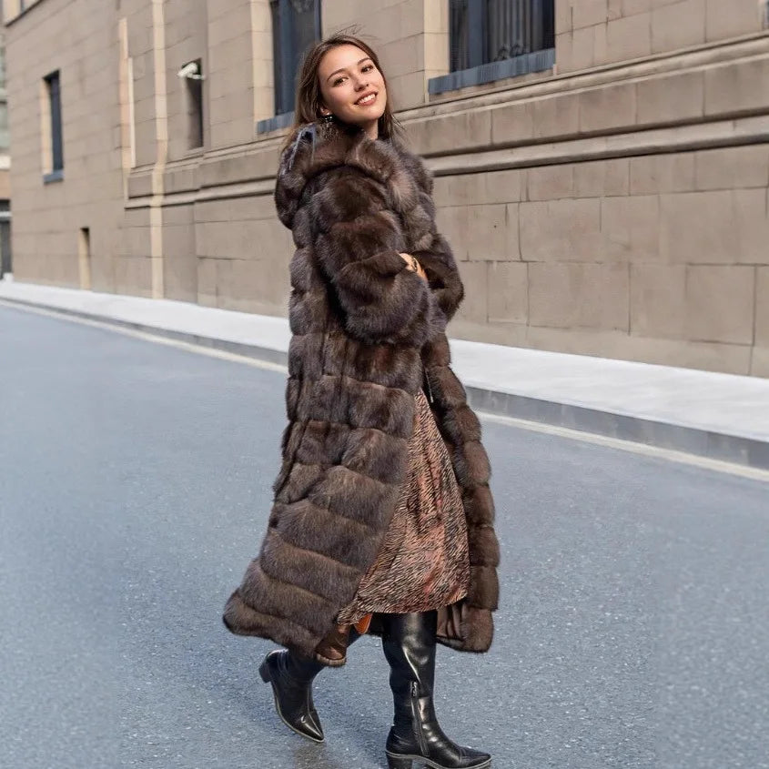 Thickened Warm Fur Trim Hooded Female Mink Fur Outwear Long Chic Lady Eco Fur Coat Vintage Brown Women Winter Faux Fur Jacket