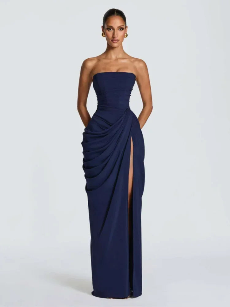 Solid Pleated Strapless Women's Dress Backless Off-shoulder High Waist Split Female Dresses 2026 Sexy Summer Evening Party Gown