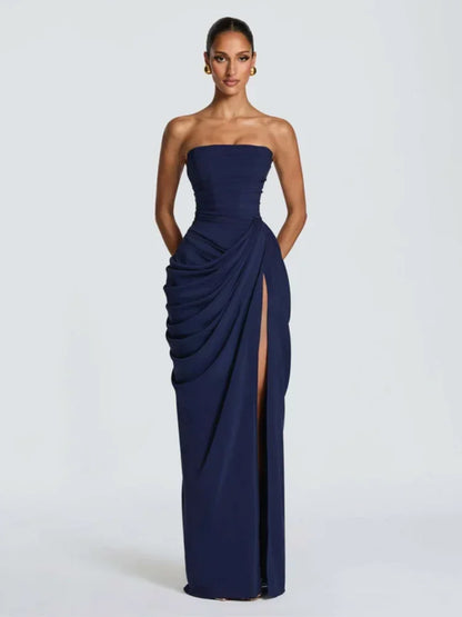 Solid Pleated Strapless Women's Dress Backless Off-shoulder High Waist Split Female Dresses 2026 Sexy Summer Evening Party Gown
