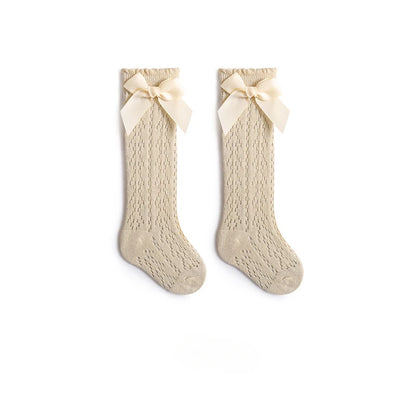 Summer Baby Girls Socks Toddler Bow Long Sock Kids Knee High Soft Cotton Mesh Stocking Spanish Style Hollow Out Lace Socks 0-3Y