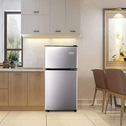 3.5Cu.Ft Compact Refrigerator Mini Fridge with Freezer, Small Compact Refrigerator with 2 Door, 7 Level Thermostat Removable Shelves for Kitchen, Dorm, Apartment, Bar, Office, Silver