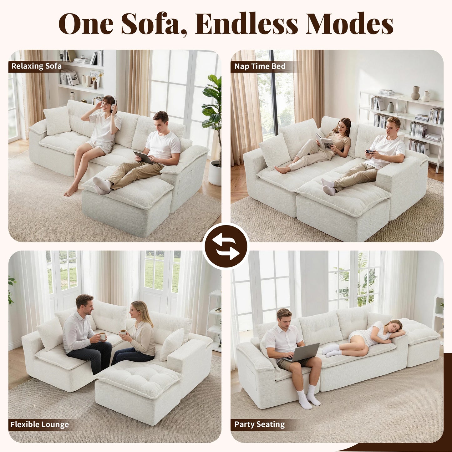 Korser 110" Modern L Shape Boneless Cloud Sectional Sofa, Chenille Deep Seat Modular Couch with Ottoman, No Assembly Needed for Living Room