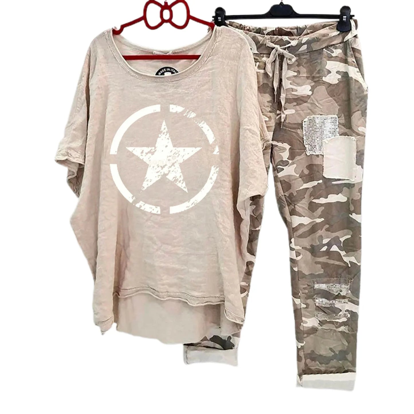 Womens Two Piece Camouflage Set Summer Outfits for Women Cotton Linen Suit 2023 Casual Print Short Sleeve Harajuku