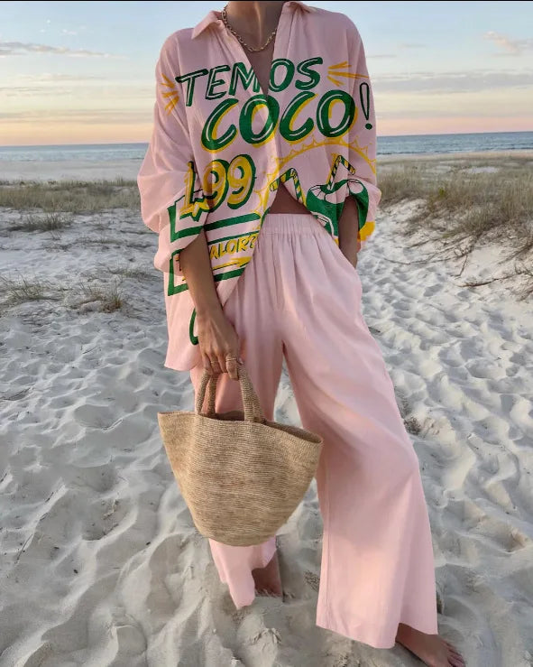 Fashion Print Beach Holiday 2-Piece Set Women Spring Summer Long Sleeve Shirt Top + Wide Legs Women's Oversized Two-Piece Outfit