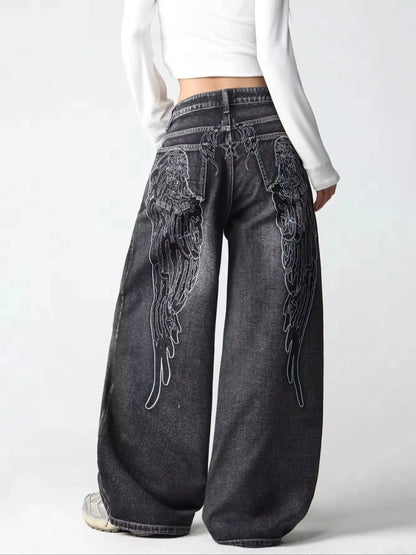 1 Pc American Retro Creative Wing Embroidered Women's High-Waisted Jeans, Fashionable And Versatile Slimming Wide-Leg Trousers