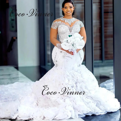Customized Organza Ruffles Train Africa Wedding Dresses Mermaid Style High Neck Beaded 2026 Luxury Meramid Wedding Dress W1471