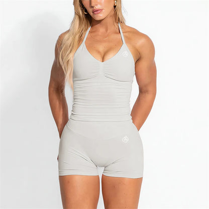Bum PB Women Sports Yoga Suit Balance Scrunch Shorts Sets Gym Fitted Halter Built-in Bra With Cups Leggings Sets