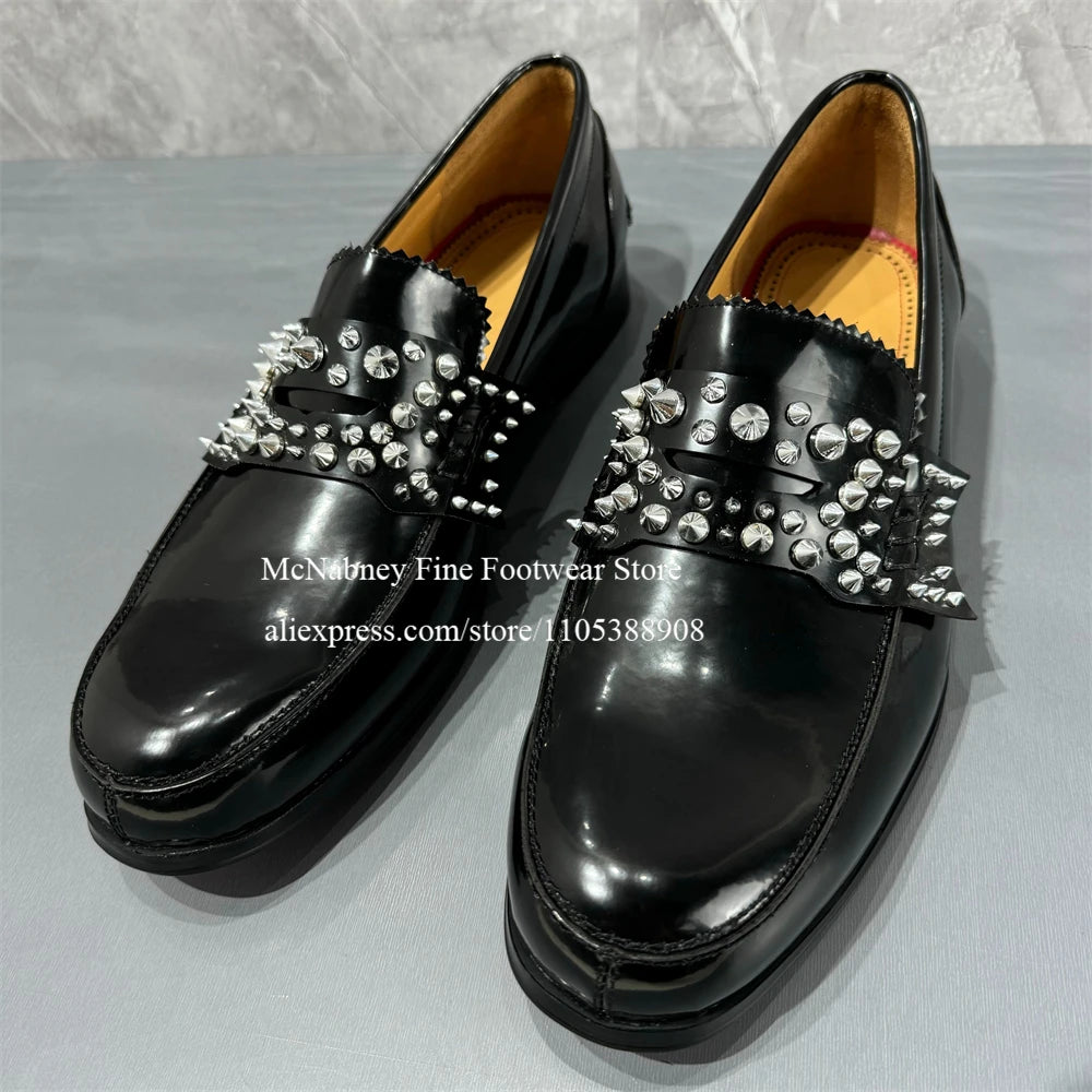Glossy Silver Spiked Leather No Penny Loafers Men Round Toe Studded Bow Decor Slip on Dress Shoes Party Nightclub Street Shoes